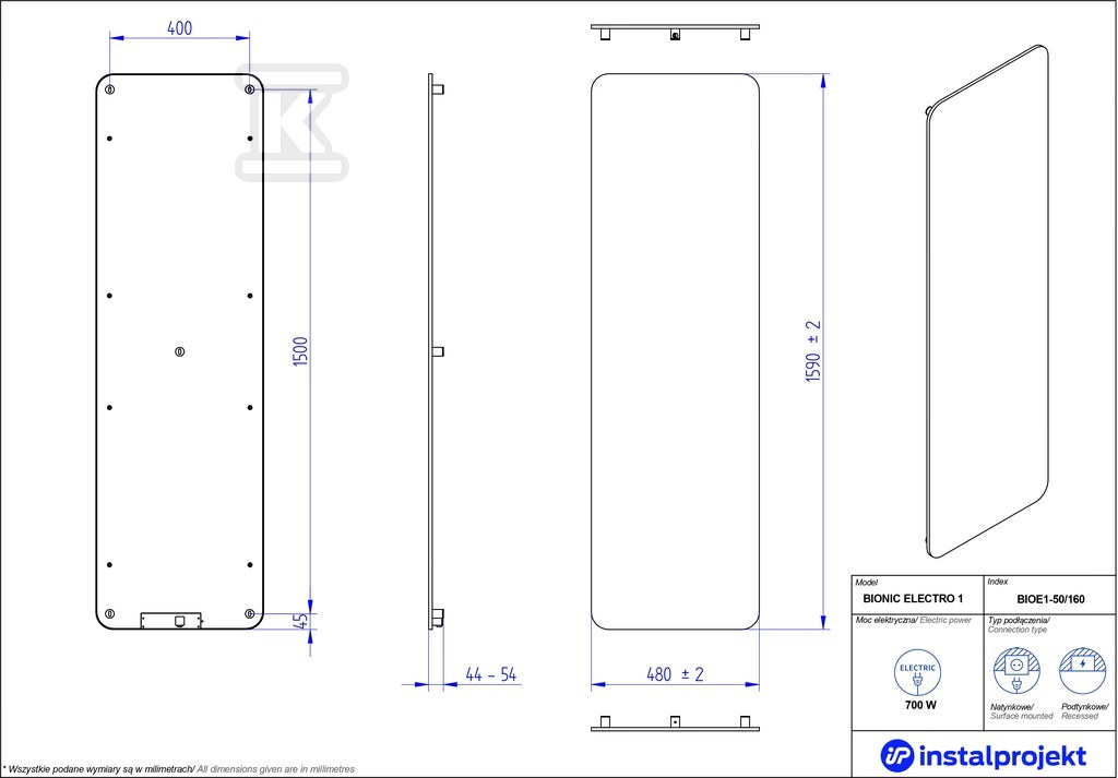 Grzejnik elektryczny Instal Projekt - BIOE1-50/160C75
