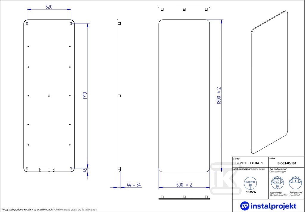 Grzejnik elektryczny Instal Projekt - BIOE1-60/180C31
