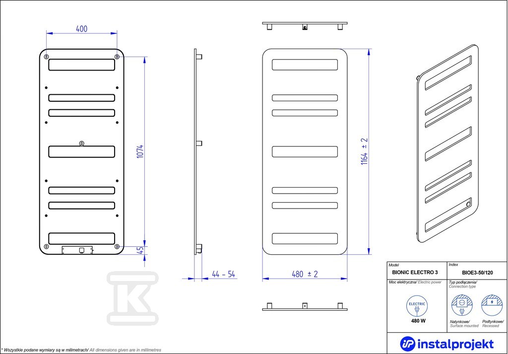 Grzejnik elektryczny Instal Projekt - BIOE3-50/120C31