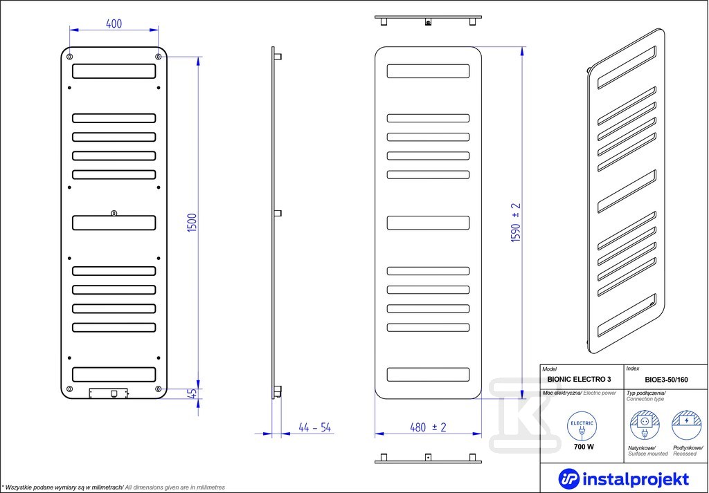 Grzejnik elektryczny Instal Projekt - BIOE3-50/160C31
