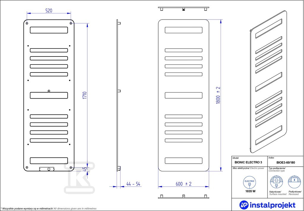 Grzejnik elektryczny Instal Projekt - BIOE3-60/180C31