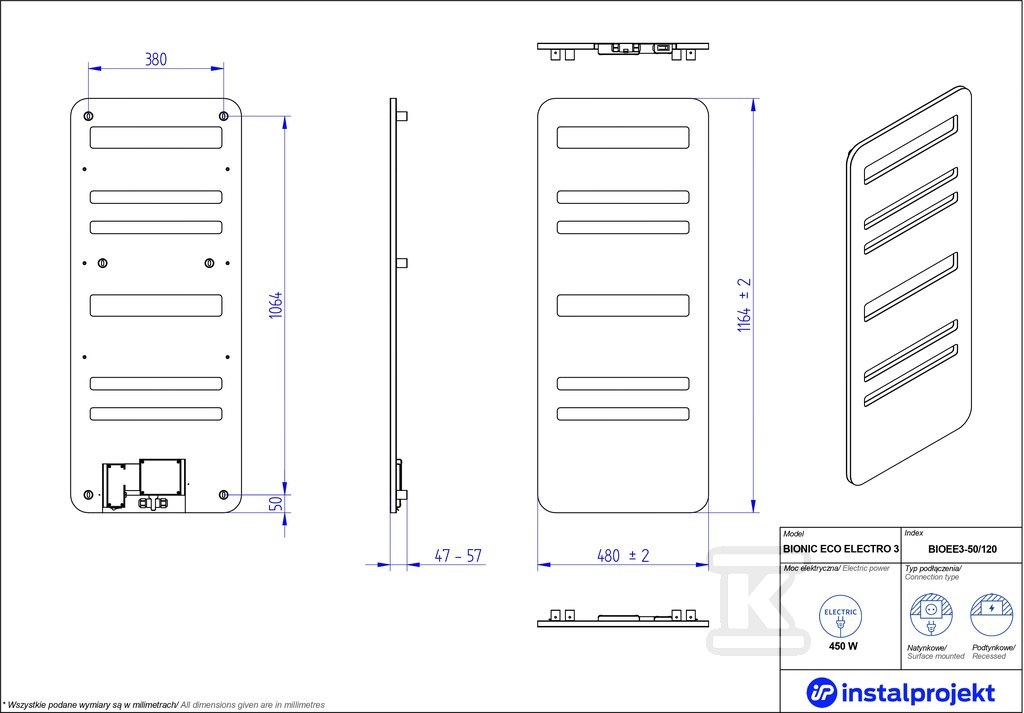 Grzejnik elektryczny Instal Projekt - BIOEE3-50/120C75B