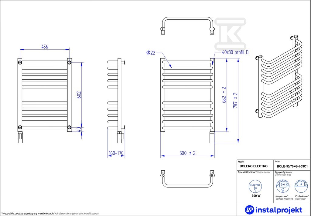 Grzejnik elektryczny Instal Projekt - BOLE-50/70+GH-03C1