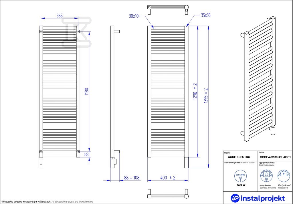 Grzejnik elektryczny Instal Projekt - CODE-40/130C75+GH-06C2