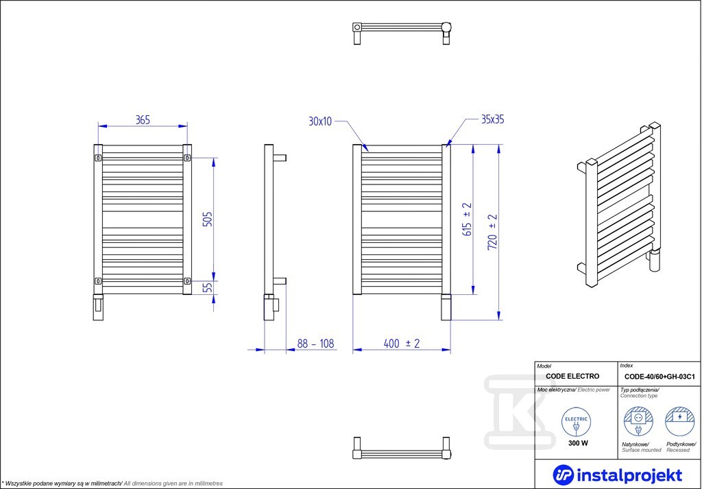 Grzejnik elektryczny Instal Projekt - CODE-40/60C75+GH-03C2