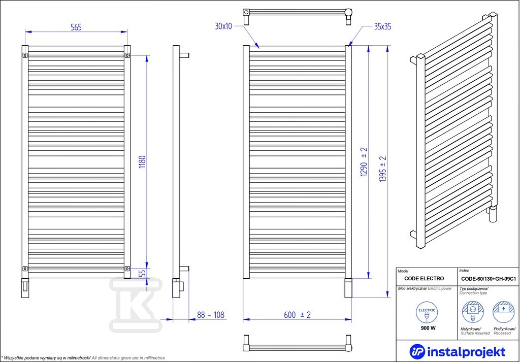 Grzejnik elektryczny Instal Projekt - CODE-60/130C31+GH-09C2