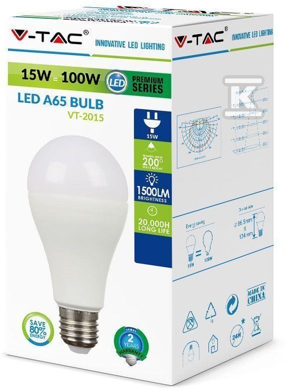 Żarówka LED V-TAC 15W A65 E27 VT-2015 - 4453