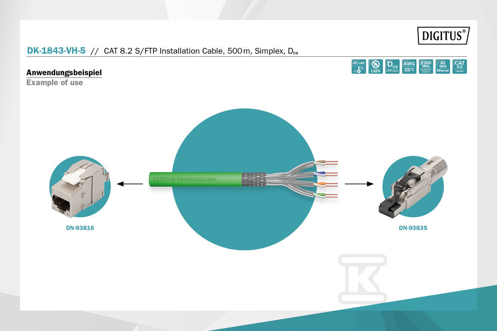 Kabel instalacyjny DIGITUS kat.8.2, - DK-1843-VH-5