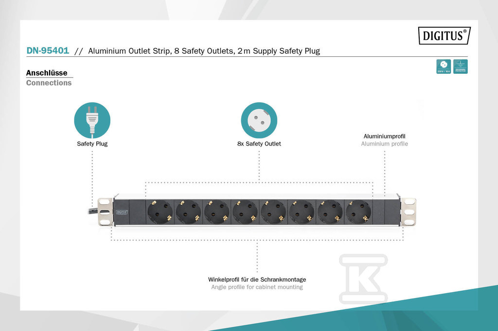 Listwa zasilająca PDU 19" Rack, 8x - DN-95401