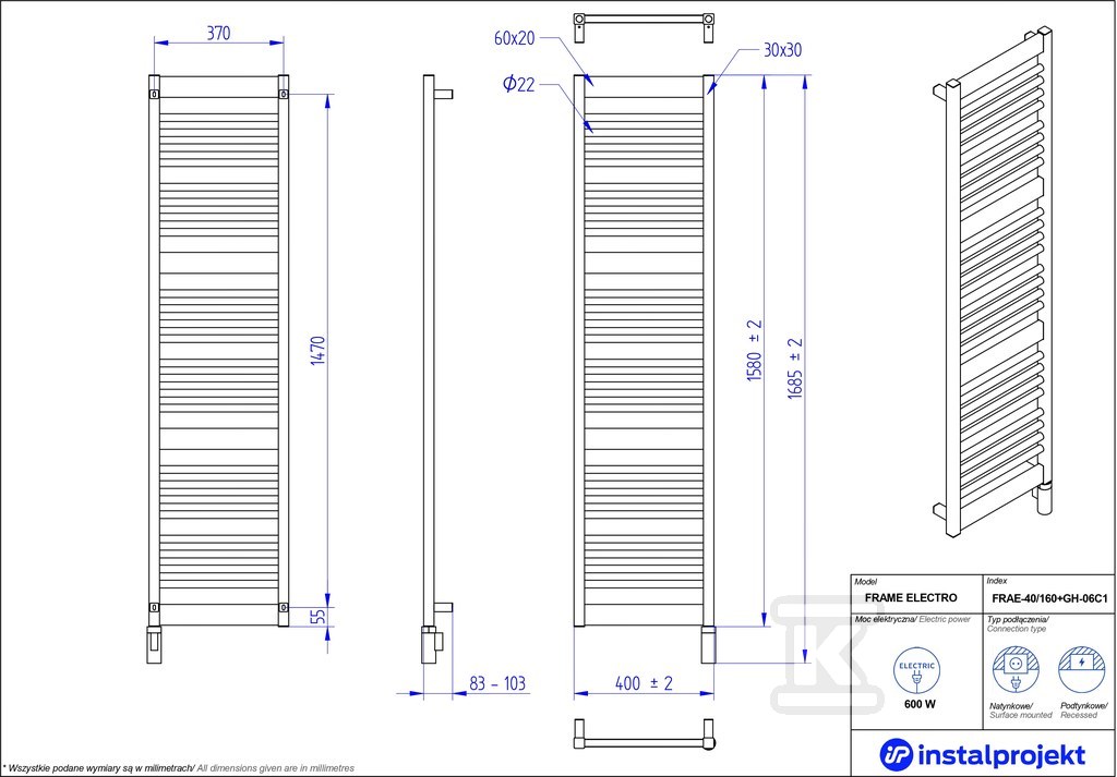 Grzejnik elektryczny Instal Projekt - FRAE-40/160C75+GH-06C2