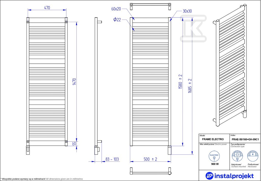 Grzejnik elektryczny Instal Projekt - FRAE-50/160C75+GH-09C2