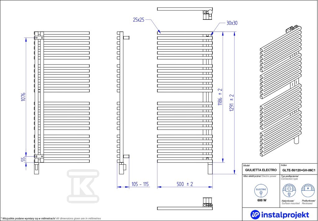 Grzejnik elektryczny Instal Projekt - GLTE-50/120C31+GH-06C2