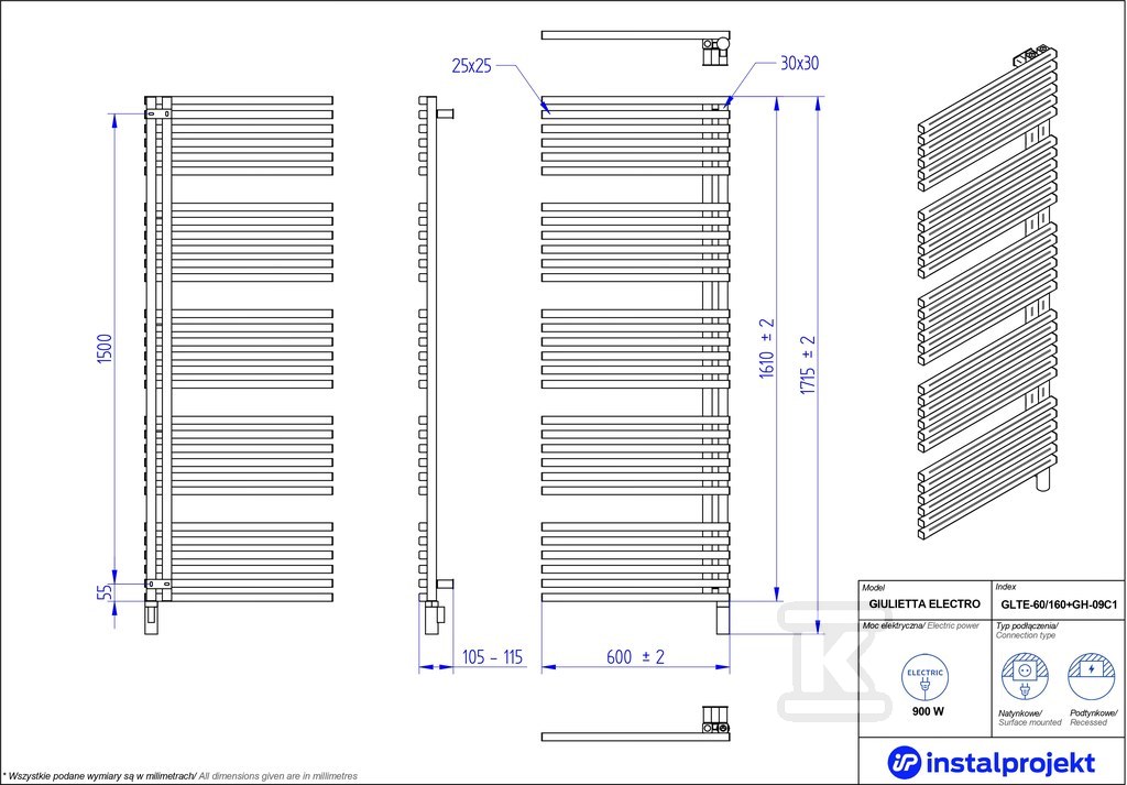 Grzejnik elektryczny Instal Projekt - GLTE-60/160C31+GH-09C2