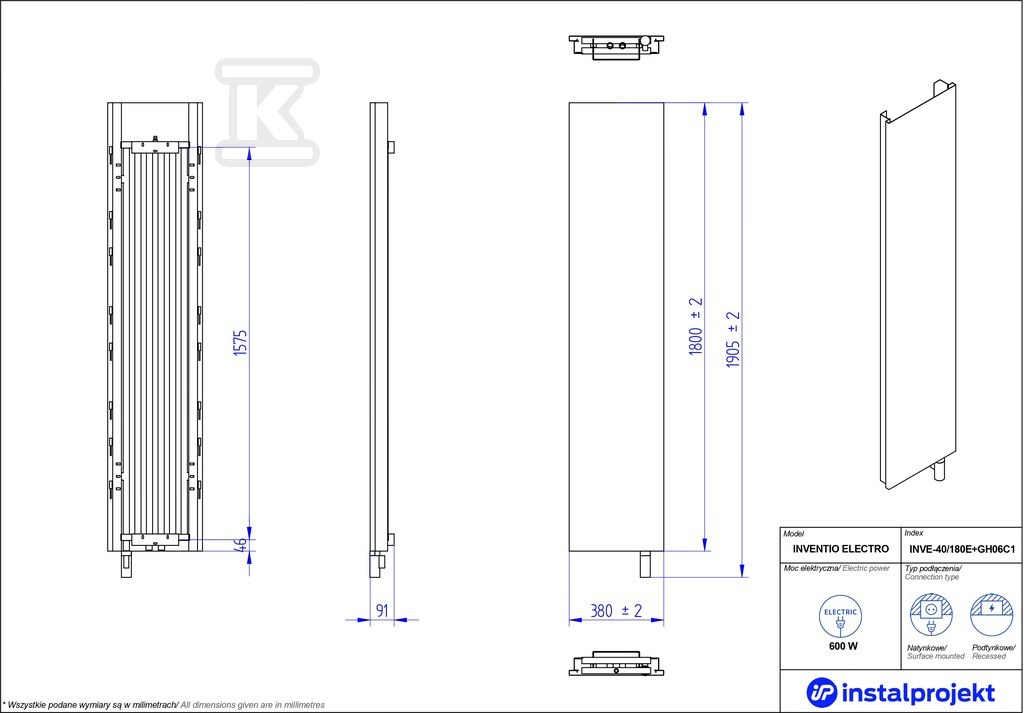 Grzejnik elektryczny Instal Projekt - INVE-40/180E33+GH-06C2