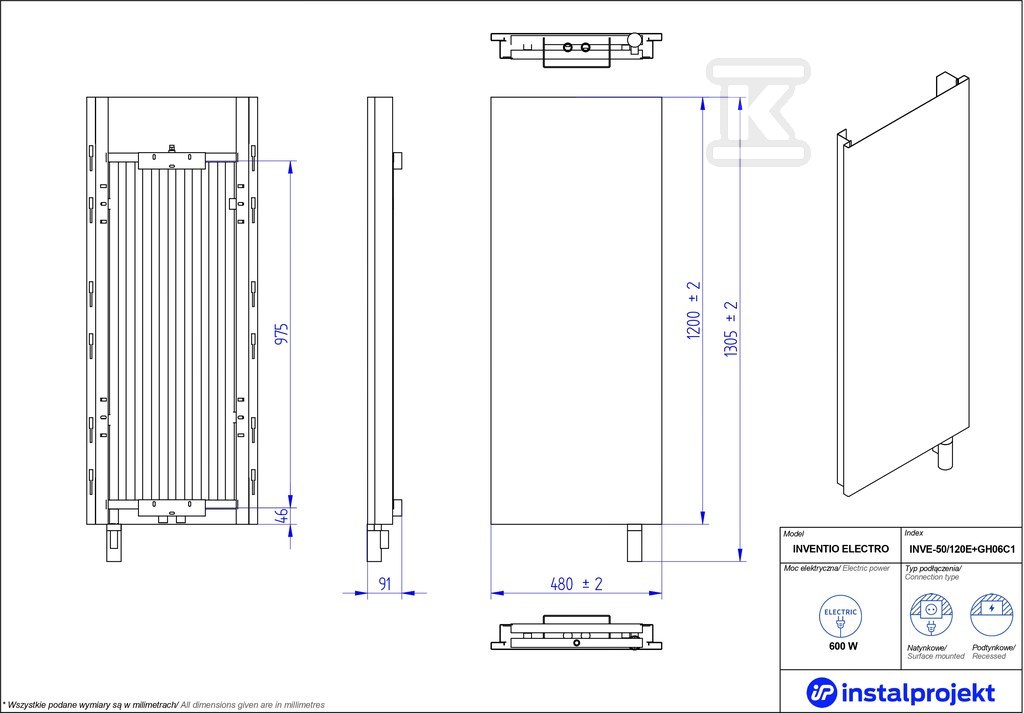 Grzejnik elektryczny Instal Projekt - INVE-50/120E33+GH-06C2