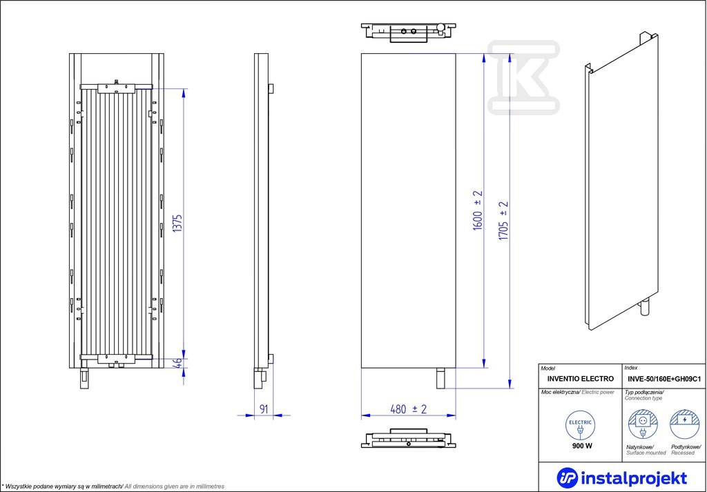 Grzejnik elektryczny Instal Projekt - INVE-50/160E33+GH-09C2