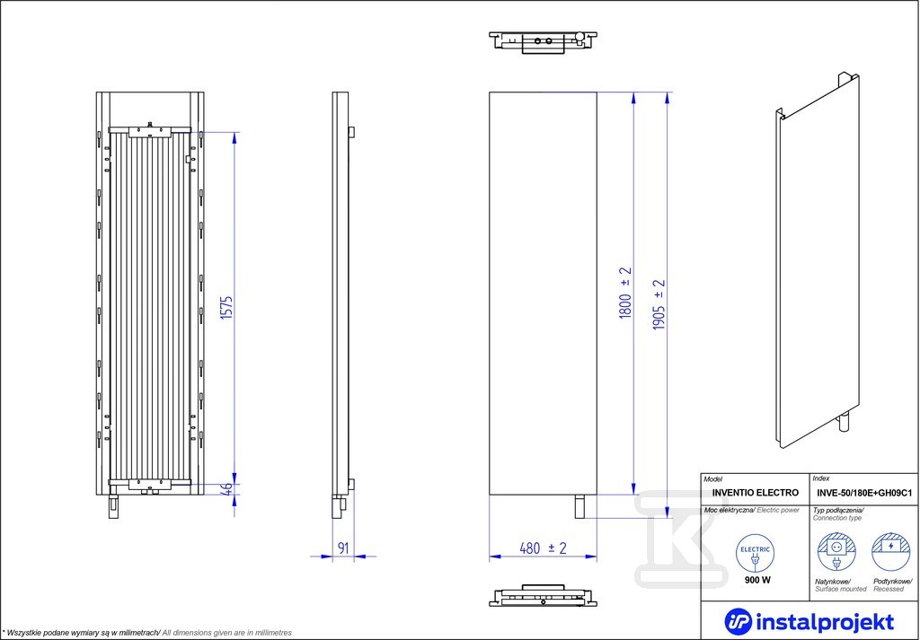 Grzejnik elektryczny Instal Projekt - INVE-50/180E33+GH-09C2