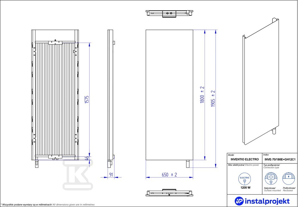 Grzejnik elektryczny Instal Projekt - INVE-70/180E31+GH-12C2