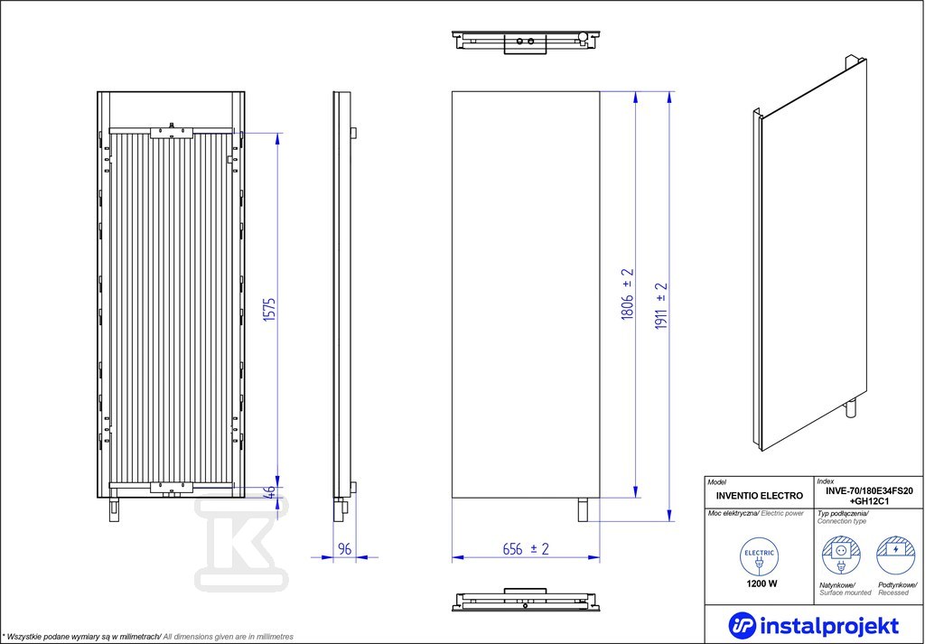Grzejnik elektryczny Paprocki & - INVE-70/180E31FS22+GH-12C2