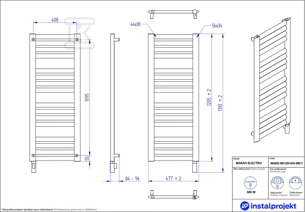 Grzejnik elektryczny Instal Projekt - MAKE-50/120C31+GH-06C2