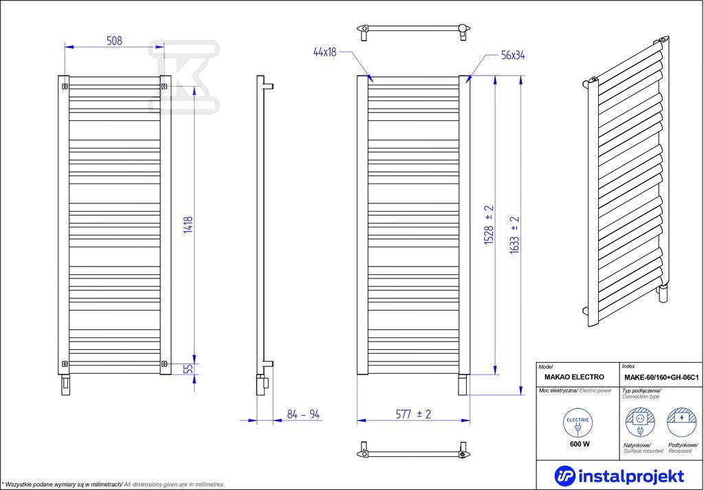 Grzejnik elektryczny Instal Projekt - MAKE-60/160C31+GH-09C2