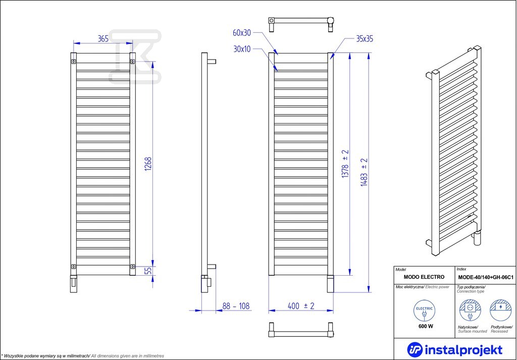 Grzejnik elektryczny Instal Projekt - MODE-40/140C75+GH-06C2