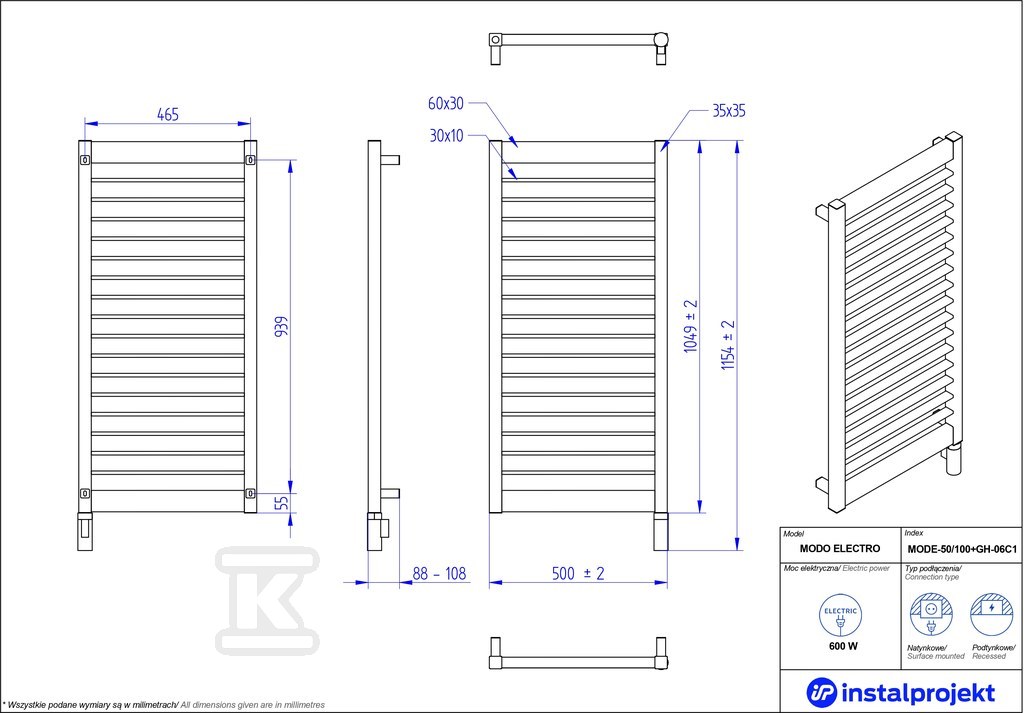 Grzejnik elektryczny Instal Projekt - MODE-50/100C75+GH-06C2