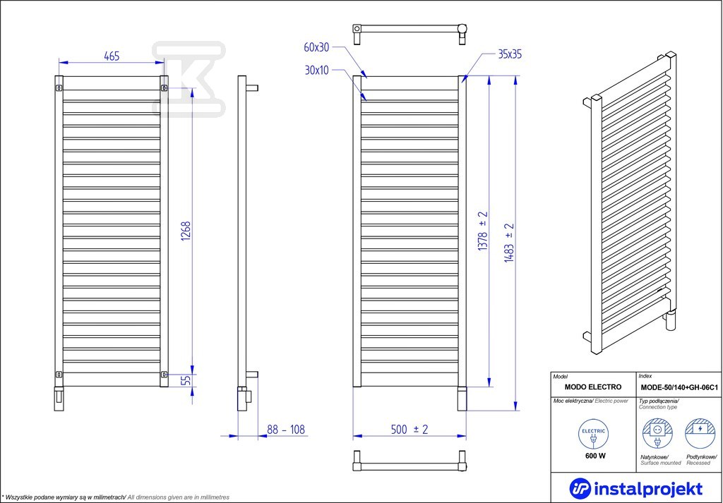 Grzejnik elektryczny Instal Projekt - MODE-50/140C75+GH-06C2