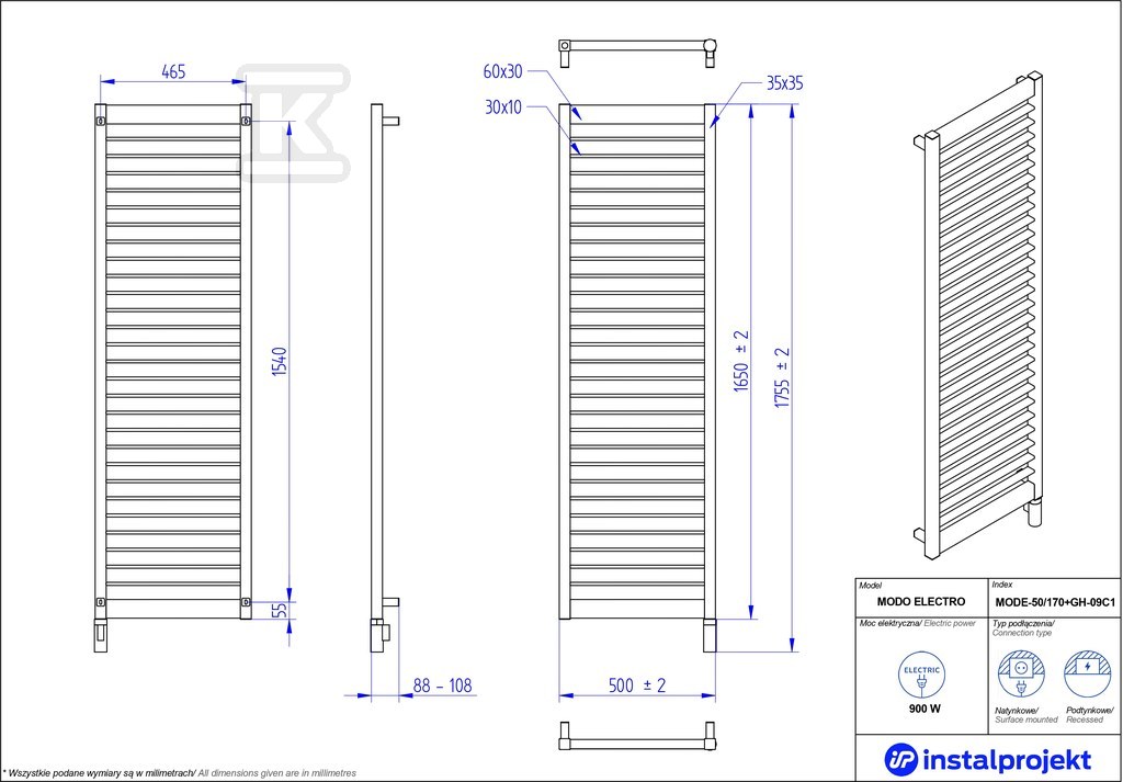 Grzejnik elektryczny Instal Projekt - MODE-50/170C31+GH-09C2