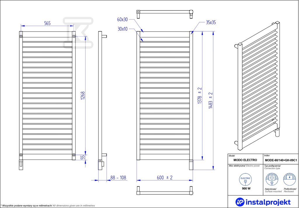 Grzejnik elektryczny Instal Projekt - MODE-60/140C31+GH-09C2