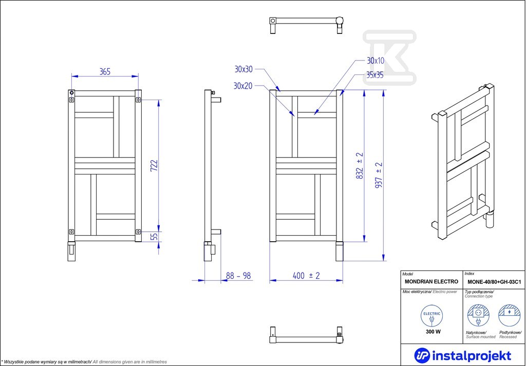 Grzejnik elektryczny Instal Projekt - MONE-40/80C31+GH-03C2
