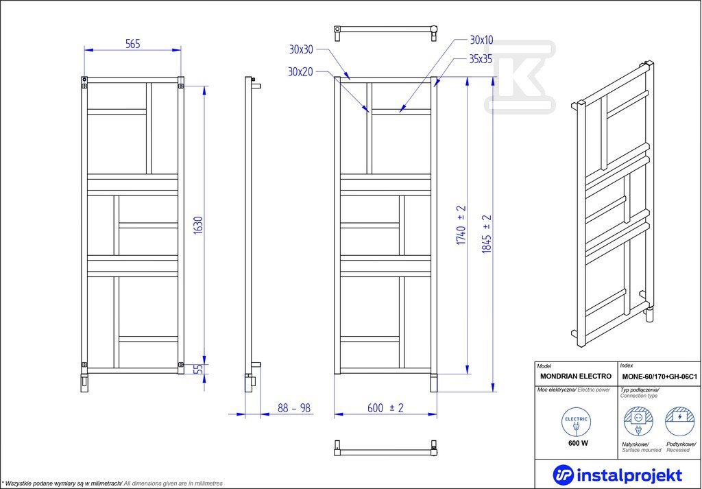 Grzejnik elektryczny Instal Projekt - MONE-60/170C75+GH-06C2