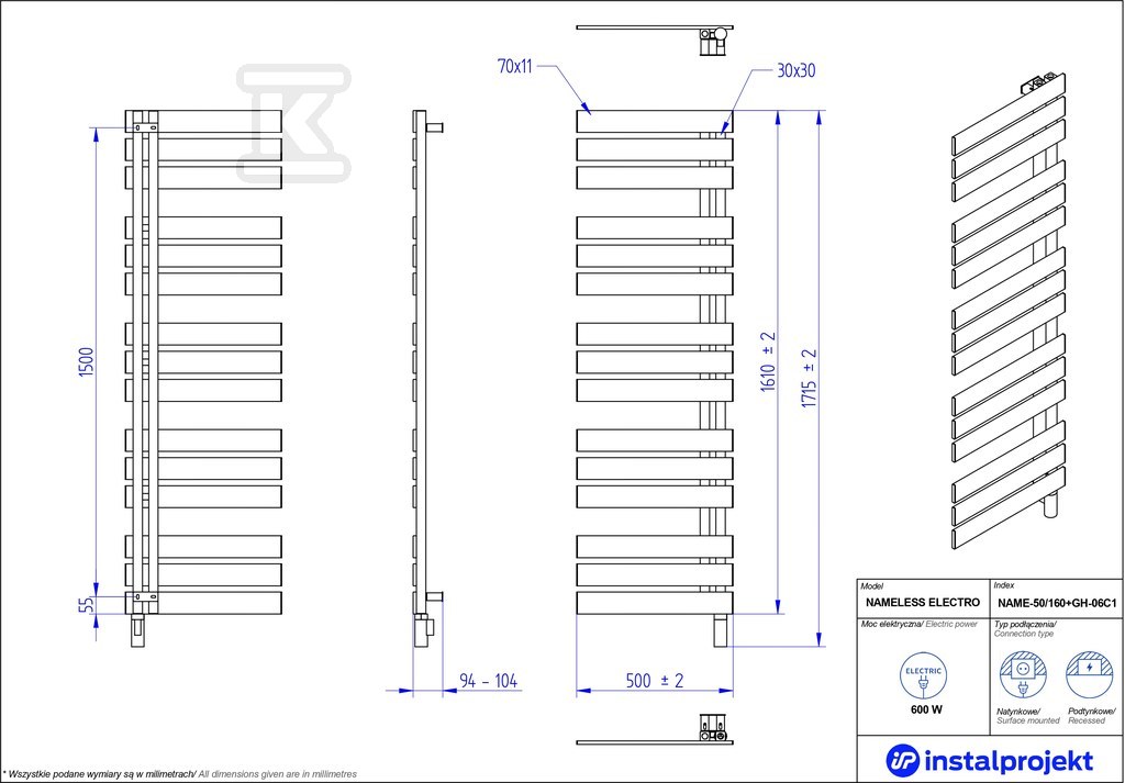 Grzejnik elektryczny Instal Projekt - NAME-50/160C75+GH-06C2