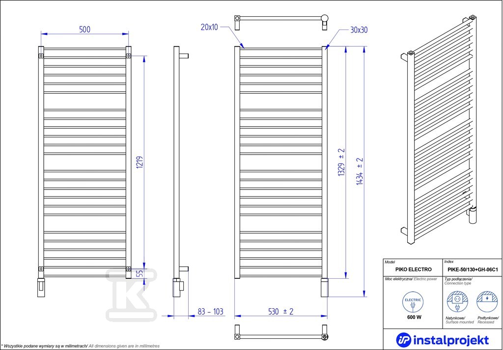 Grzejnik elektryczny Instal Projekt - PIKE-50/130C75+GH-06C2