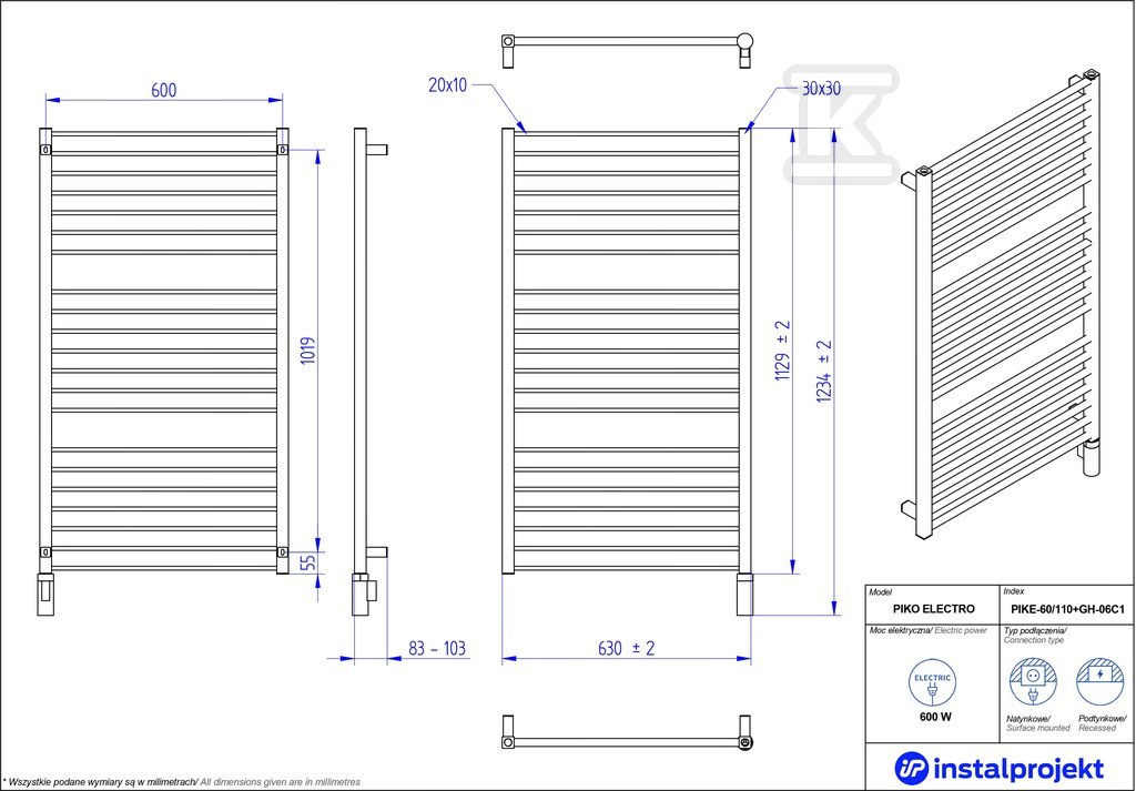 Grzejnik elektryczny Instal Projekt - PIKE-60/110C75+GH-06C2