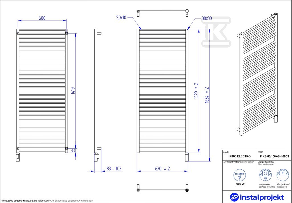 Grzejnik elektryczny Instal Projekt - PIKE-60/150C31+GH-09C2