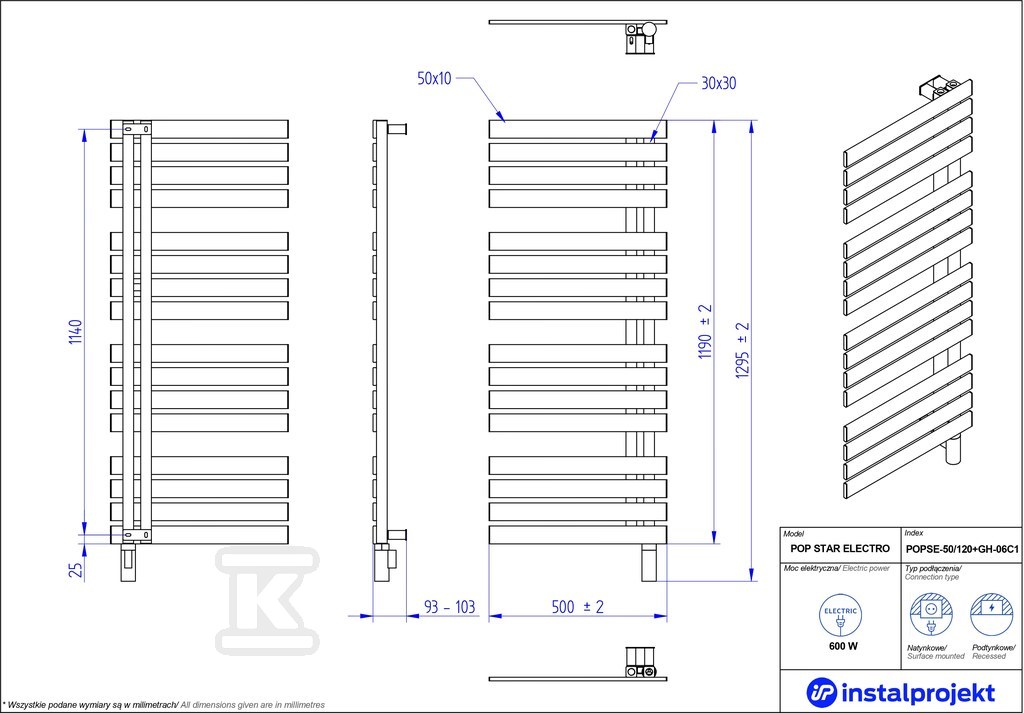 Grzejnik elektryczny Instal Projekt Pop - POPSE-50/120C75+GH-06C2