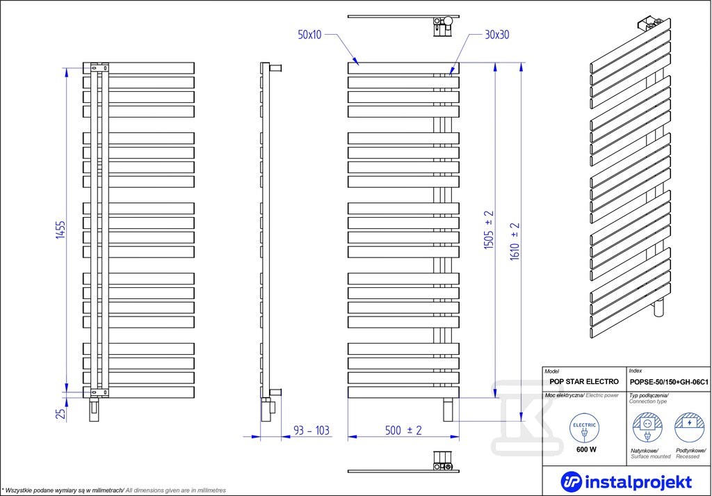Grzejnik elektryczny Instal Projekt Pop - POPSE-50/150C75+GH-06C2