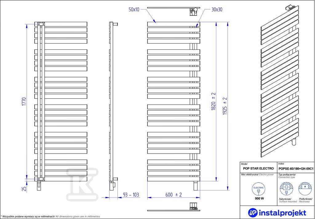 Grzejnik elektryczny Instal Projekt Pop - POPSE-60/180C84+GH-09C1