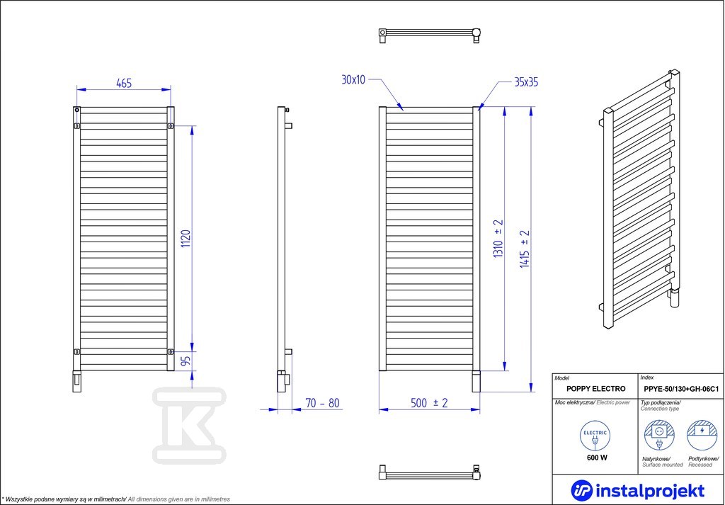 Grzejnik elektryczny Instal Projekt - PPYE-50/130C31+GH-06C2