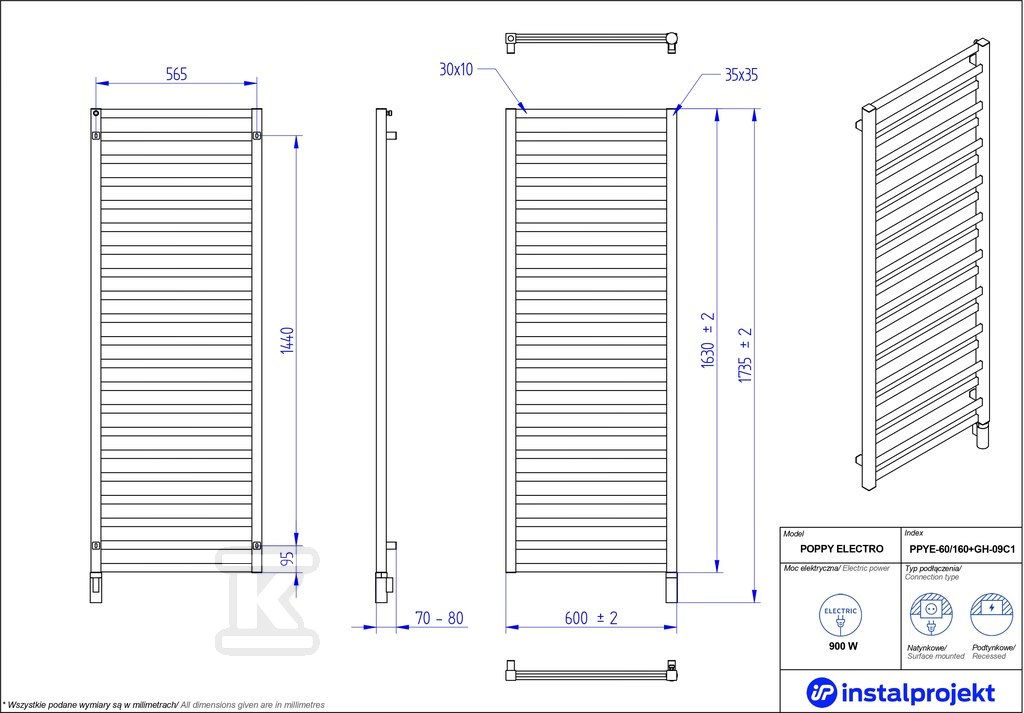 Grzejnik elektryczny Instal Projekt - PPYE-60/160C75+GH-09C2