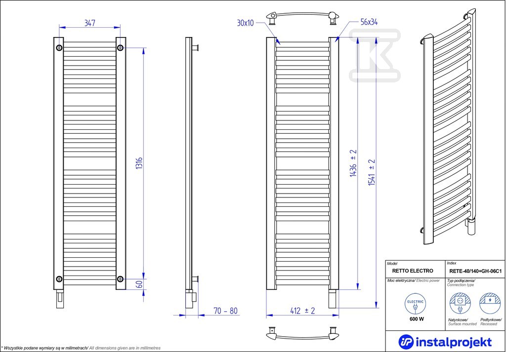 Grzejnik elektryczny Instal Projekt - RETE-40/140C75+GH-06C2