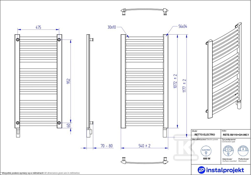 Grzejnik elektryczny Instal Projekt - RETE-50/110C31+GH-06C2