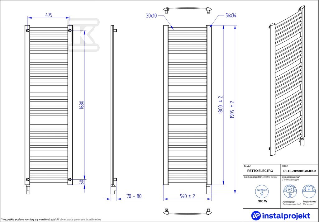 Grzejnik elektryczny Instal Projekt - RETE-50/180C75+GH-09C2