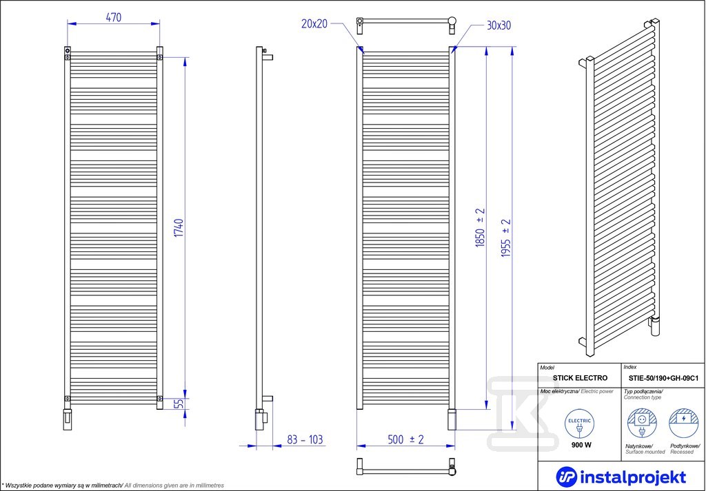 Grzejnik elektryczny Instal Projekt - STIE-50/190C31+GH-09C2
