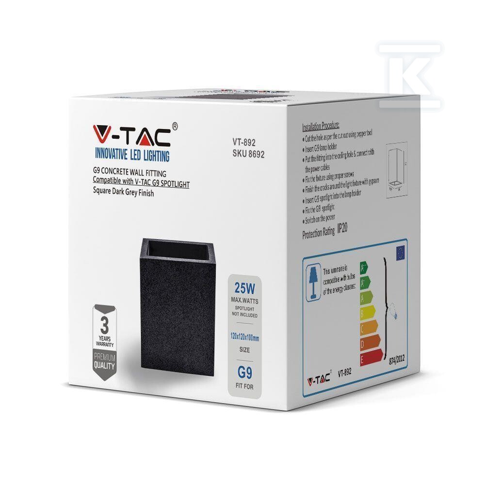 Kinkiet V-TAC beton G9 LED kwadrat - 8692