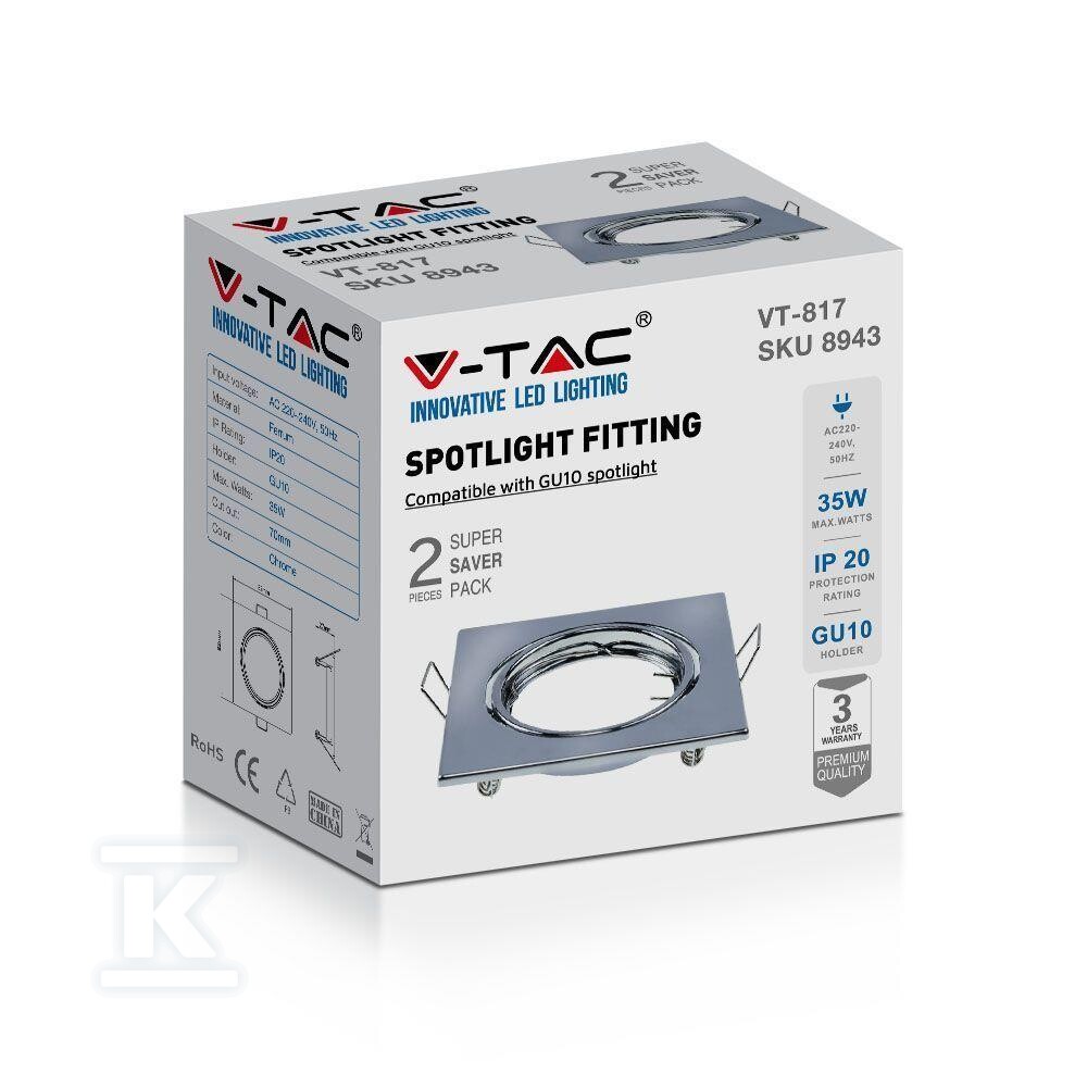 Oczko V-TAC GU10 kwadrat ruchome chrom - 8943