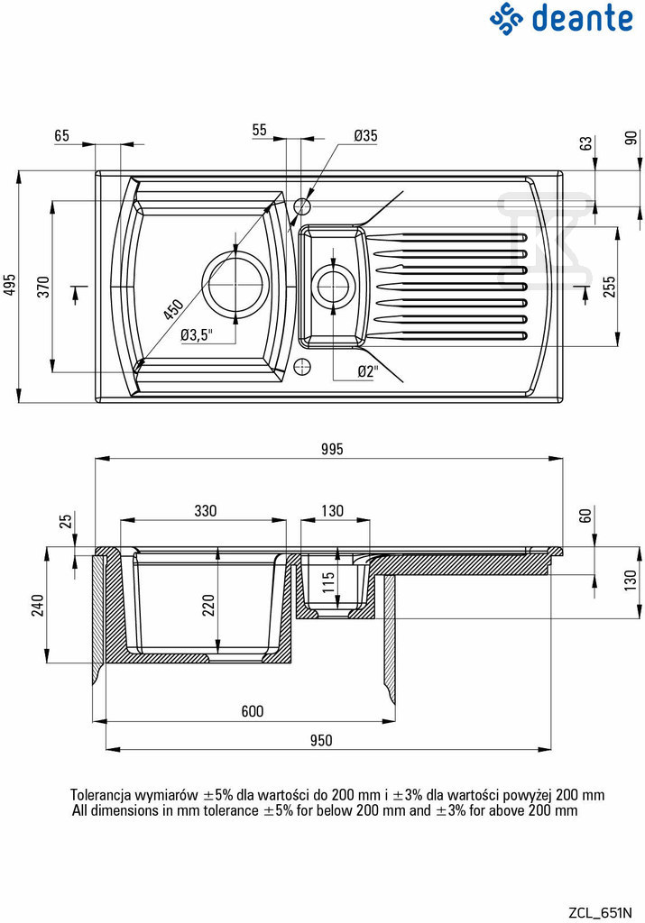 Zlewozmywak ceramiczny 1.5-komorowy z - ZCL_651N