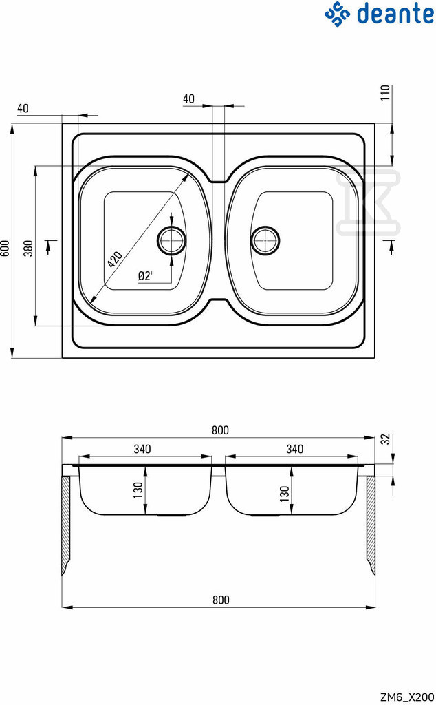 Tango 2-bowl steel sink - overlay, - ZM6_3200