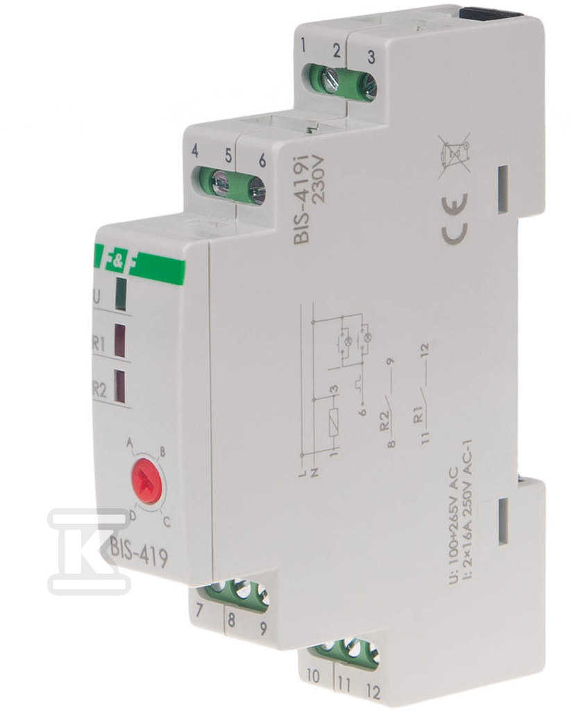 F&F 4-function bistable relay, din, two control circuits, with inrush relay 160a/20ms BIS-419-LED